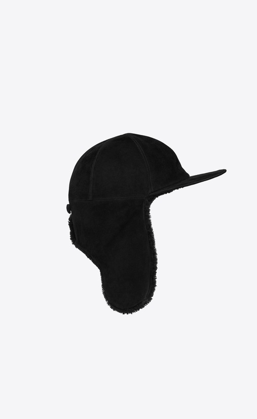 SAINT LAURENT Hüte Herren Schwarze Schirmmütze mit Lammfellfutter a_V4